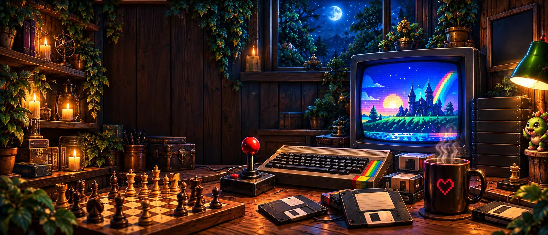 A cosy retro gaming den at night: a CRT television, an 8-bit computer, a joystick and a chessboard