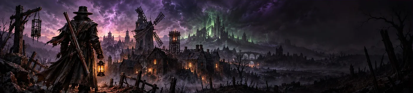 A ruined gothic village at dusk