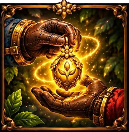 Two gloved hands trading a relic